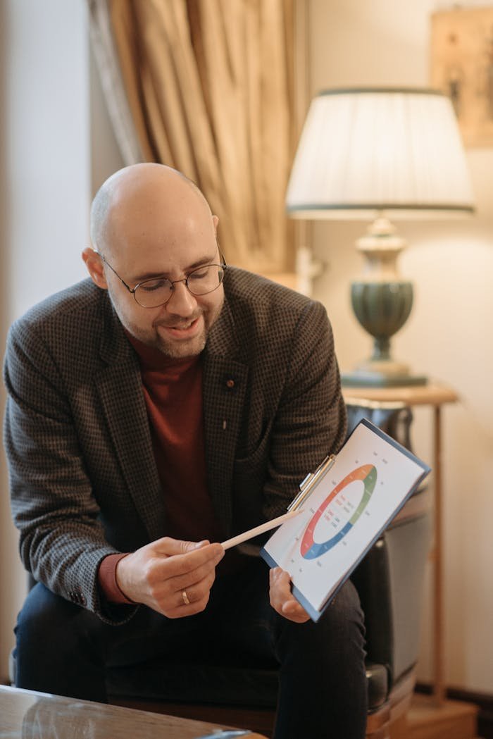 Adult man explaining a color-coded diagram on a clipboard in a cozy room setting.